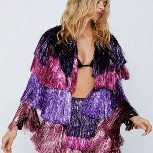 Nasty Gal Pink Purple Tinsel Fringe Jacket | Eras Tour, concert outfit, festival